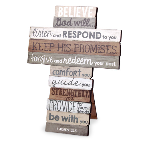 Stacked Wood Cross Believe, Medium (1 John 513) Koorong