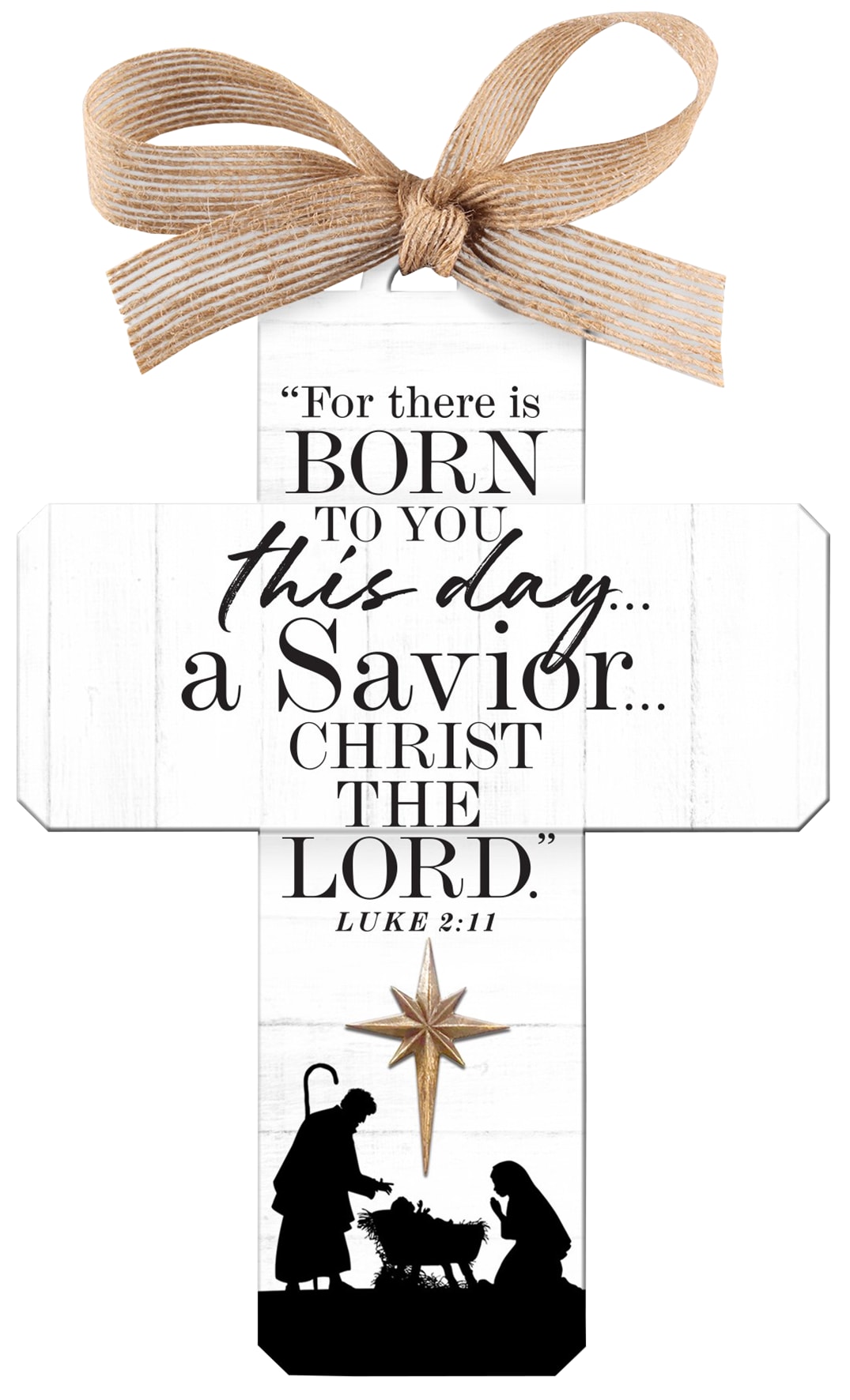 Christmas Cross Ornament: Savior, Bronze Star, Natural Ribbon (Luke 2: ...