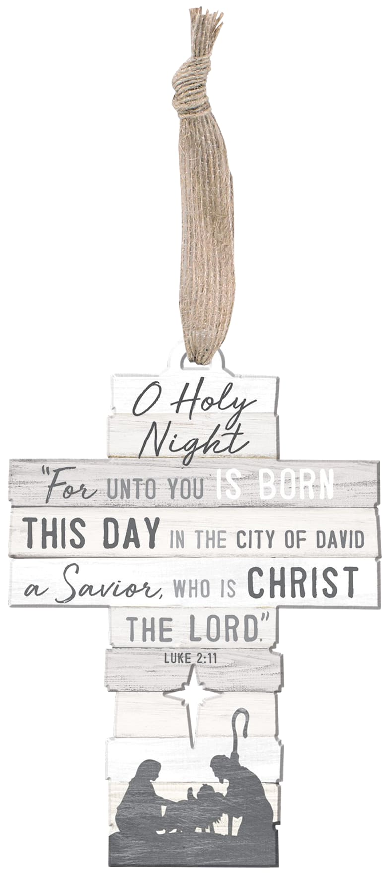 Christmas Cross Ornament O Holy Night, Cut Out Star, Grey Stacked Mdf