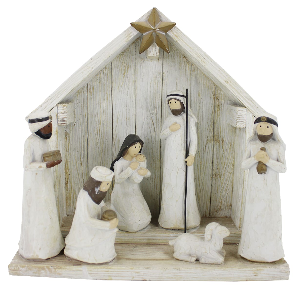 Resin Wood Look Nativity Set of 7 White and Beige, Includes Resin