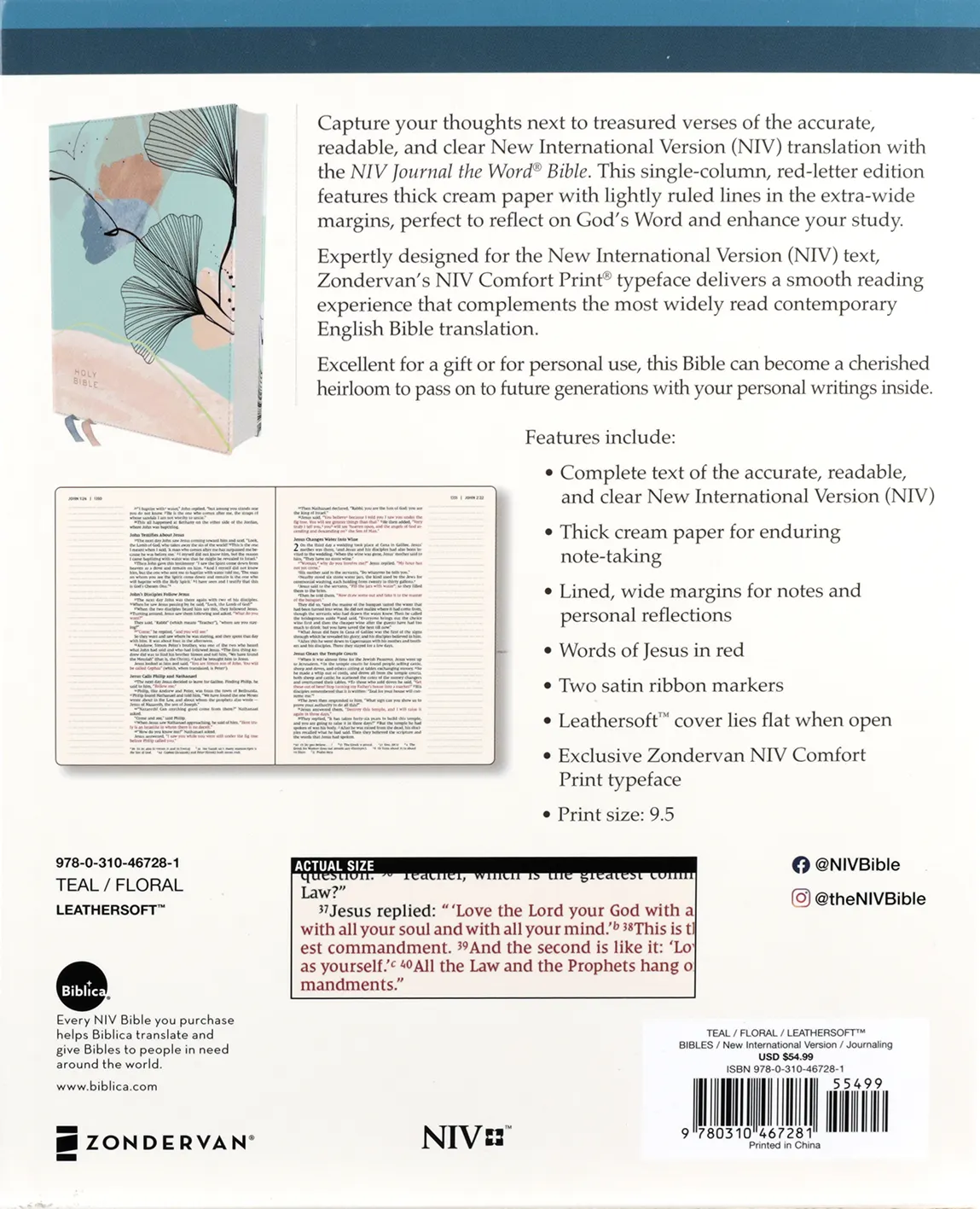NIV Journal the Word Bible (Perfect for NoteTaking), Teal/Floral (Red