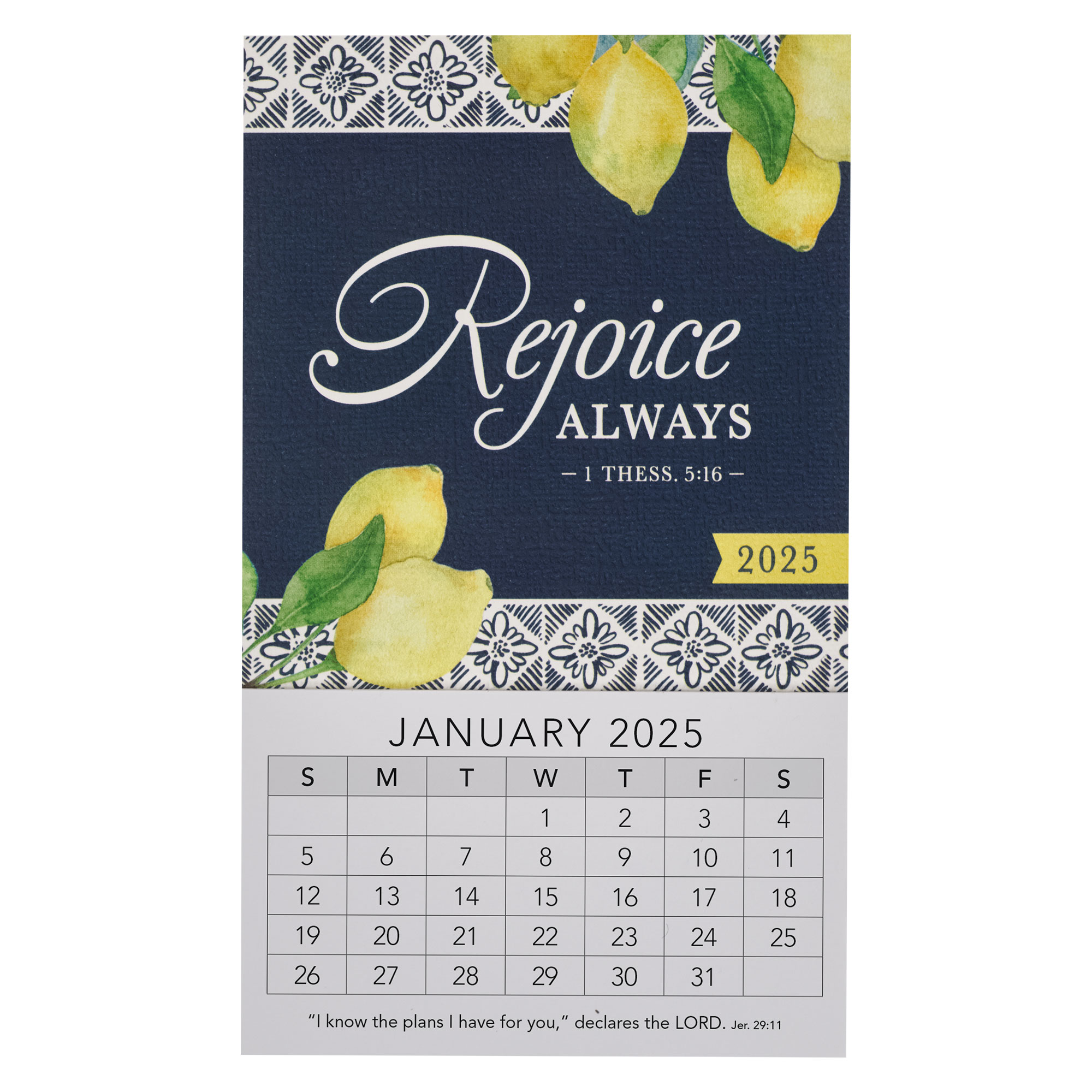 2025 Mini Calendar Rejoice Always 1 Thess. 516, Navy/Lemons