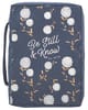 Bible Cover Poly Canvas Large: Be Still & Know, Navy/White Cotton Flowers, Carry Handle Bible Cover - Thumbnail 0