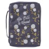 Bible Cover Poly Canvas Medium: Be Still & Know, Navy/White Cotton Flowers, Carry Handle Bible Cover - Thumbnail 0