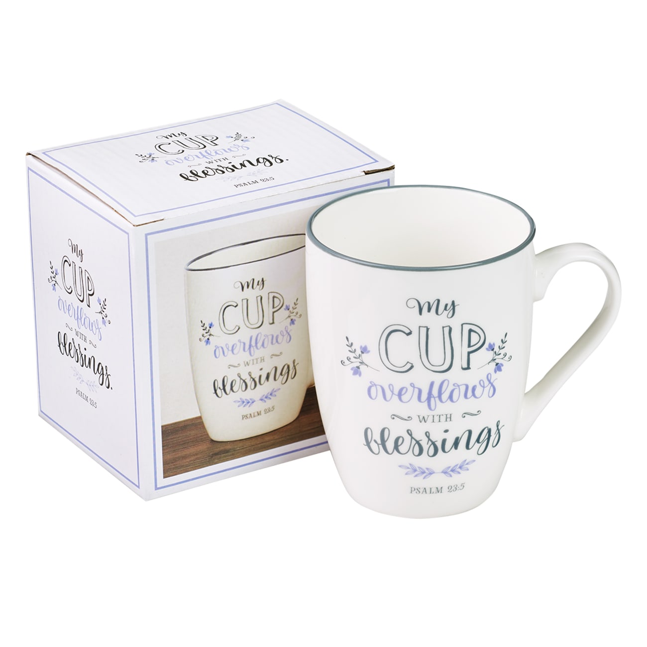 Ceramic Mug: My Cup Overflows With Blessings, White/Grey-Blue (Psalm 23:5) Homeware