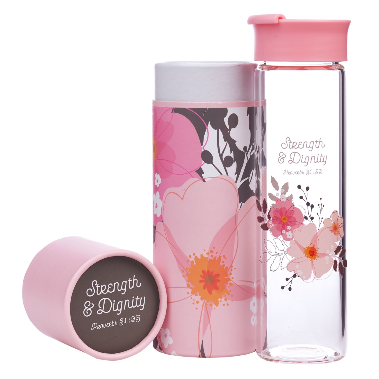 Water Bottle Clear Glass: Strength & Dignity, Pink Flowers (Proverbs 31:25) Homeware