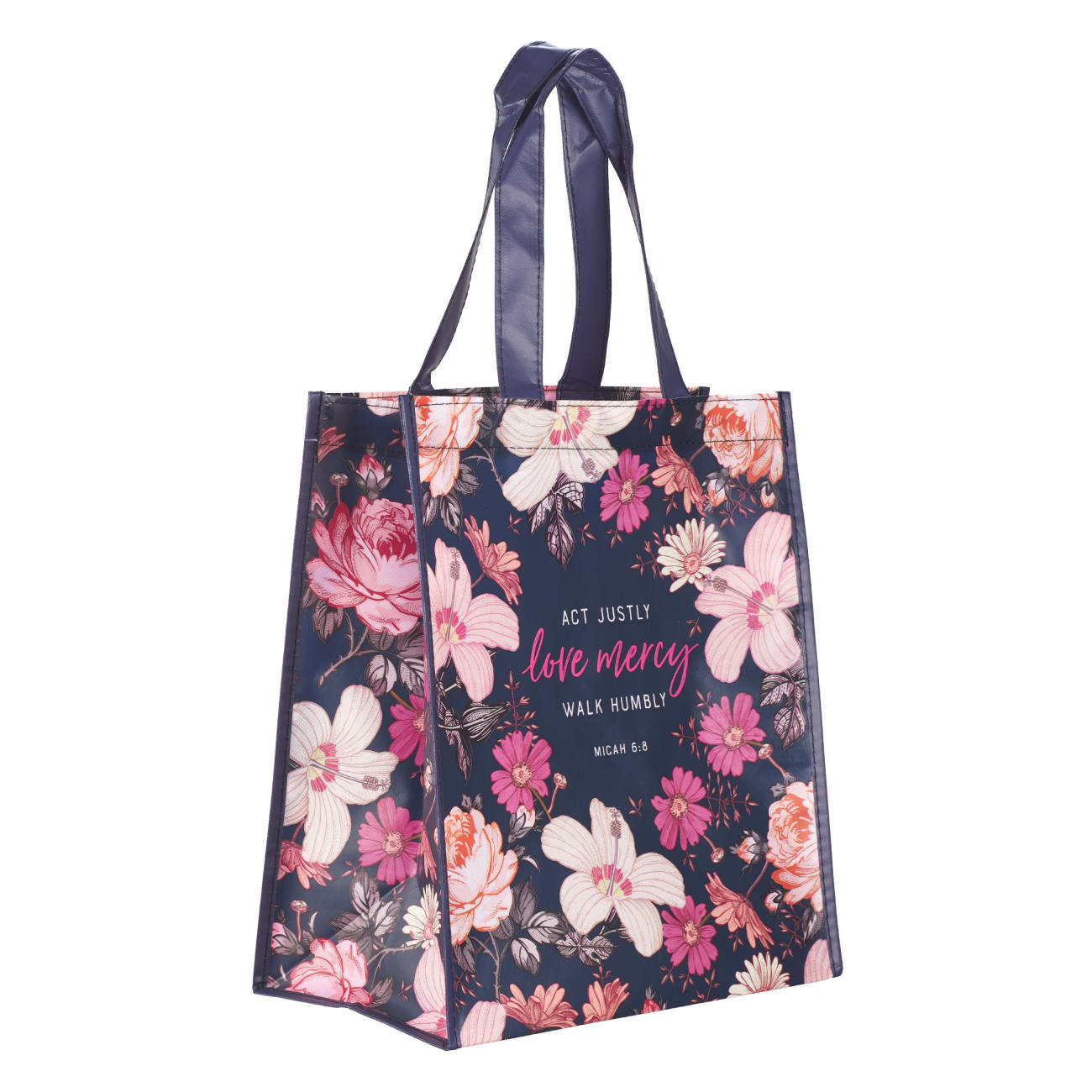 Non-Woven Tote Bag: Mercy Remains, Navy, Pink/Red Floral Soft Goods