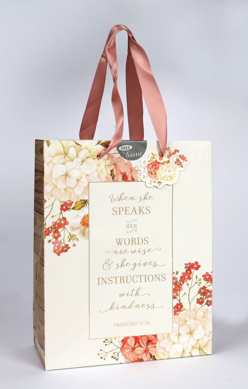 Gift Bag, Medium White and Peach Floral, Includes Tissue Paper and Gift Tag (Proverbs 31: 26) (When She Speaks Collection) Stationery
