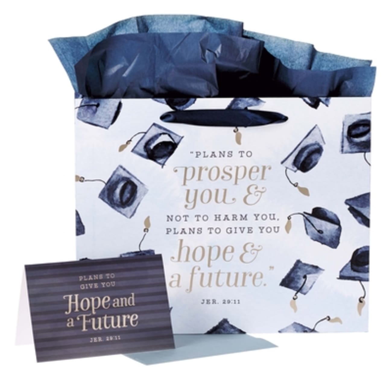 Gift Bag Inludes 1 Sheet of Tissue Paper & Gift Card, White With Navy Graduation Hats (Jer 29: 11) (Graduation Collection) Stationery
