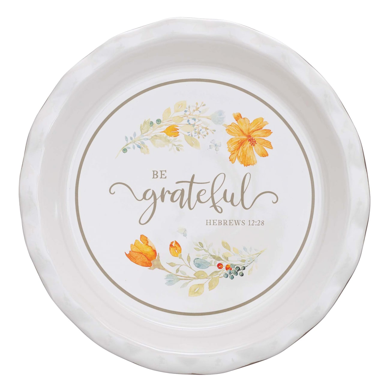 Ceramic Pie Plate- Be Grateful, White With Scalloped Edge and Flowers (Grateful Collection) Homeware