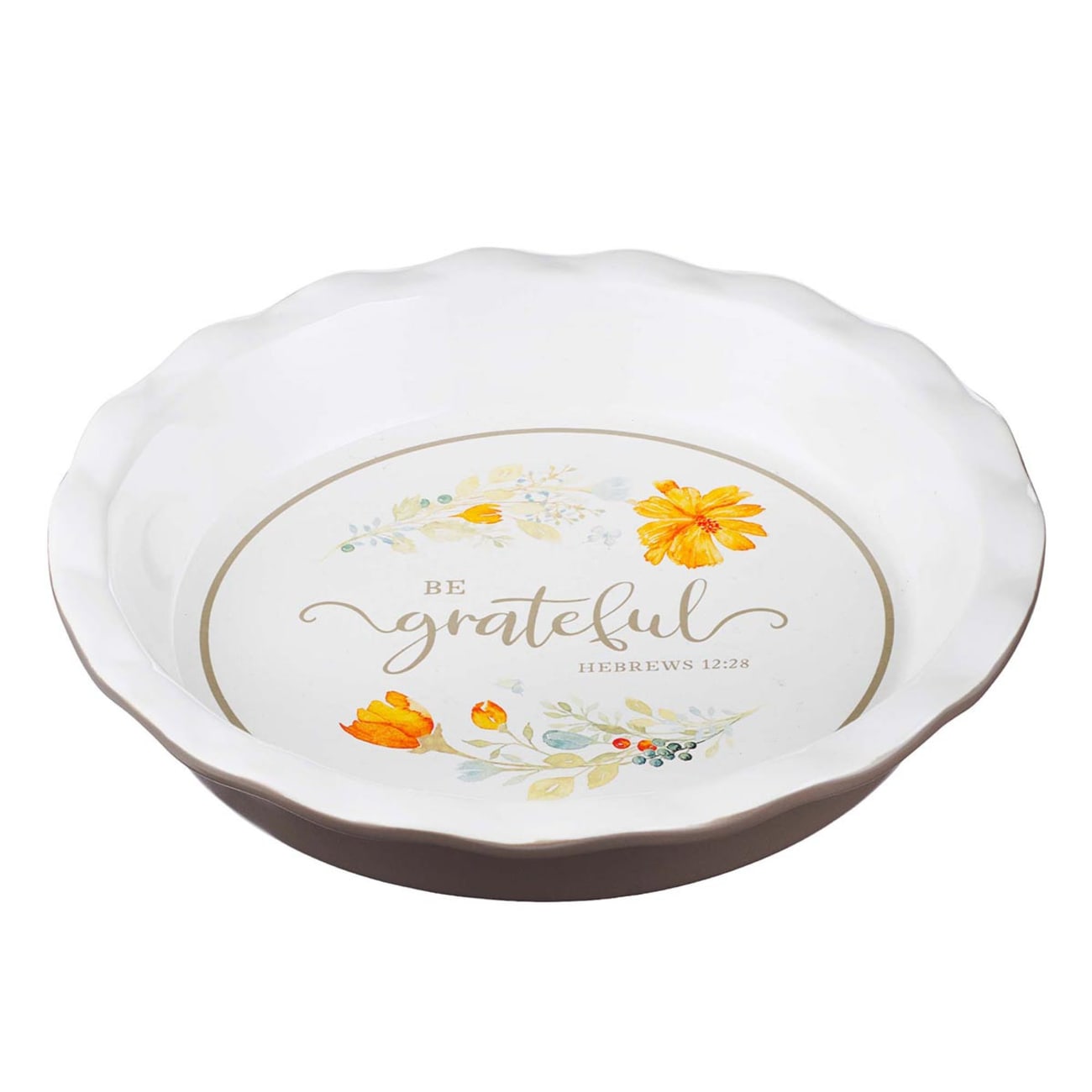 Ceramic Pie Plate- Be Grateful, White With Scalloped Edge and Flowers (Grateful Collection) Homeware