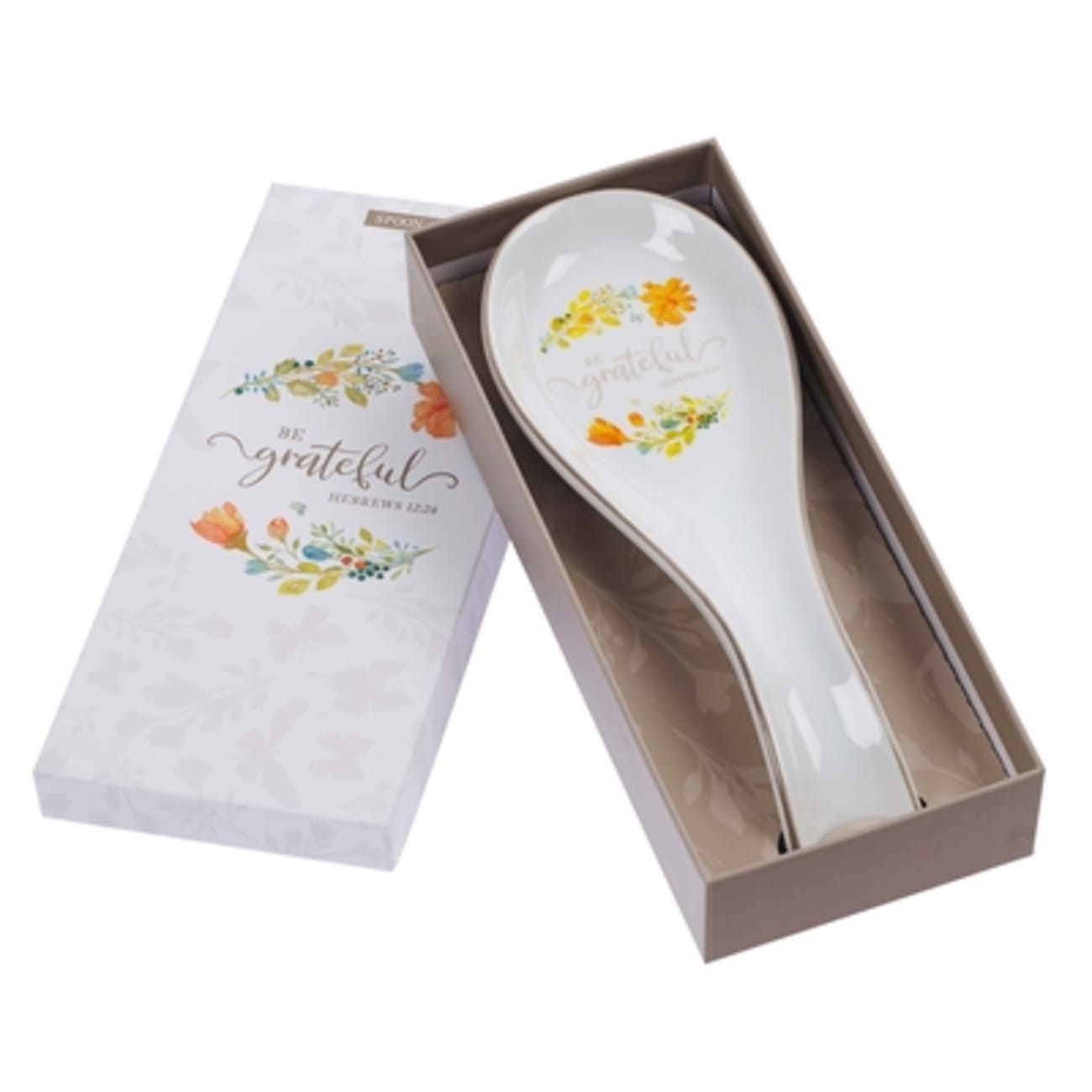Ceramic Spoon Rest- Be Grateful, White With Border and Flowers (Grateful Collection) Homeware