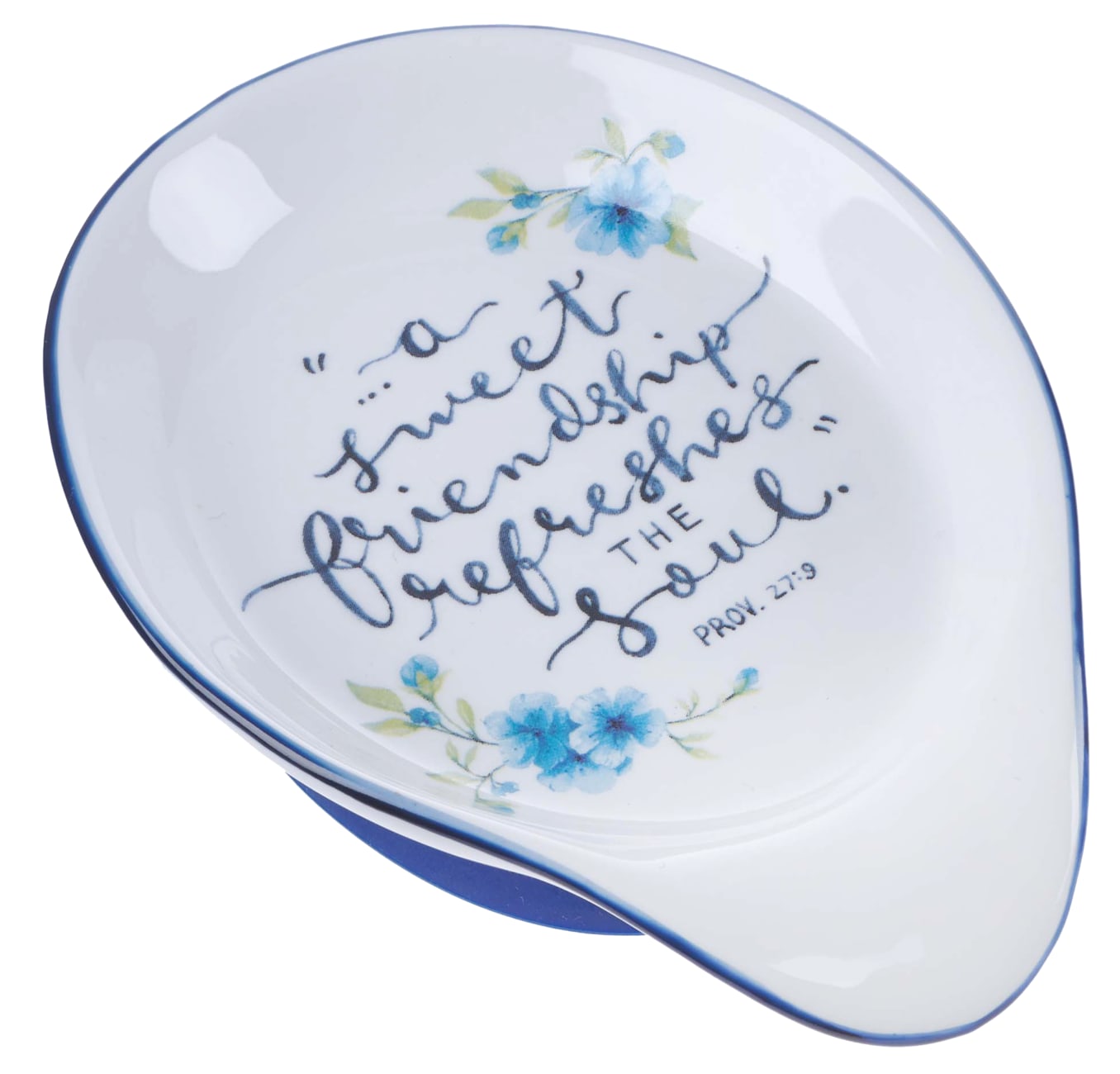 Ceramic Spoon Rest White With Blue Trim and Flowers (Proverbs 27: 9) (Sweet Friendship Collection) Homeware