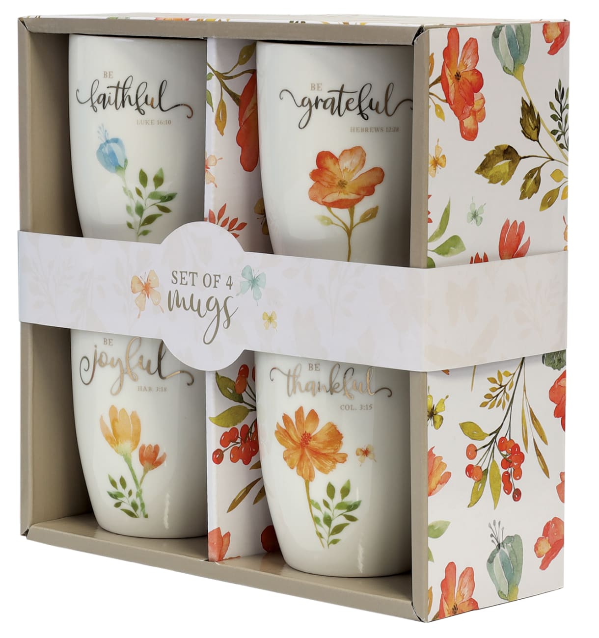 Ceramic Mugs 355ml: Floral, Faithful Grateful Thankful Joyful (Set of 4) (Grateful Collection) Homeware