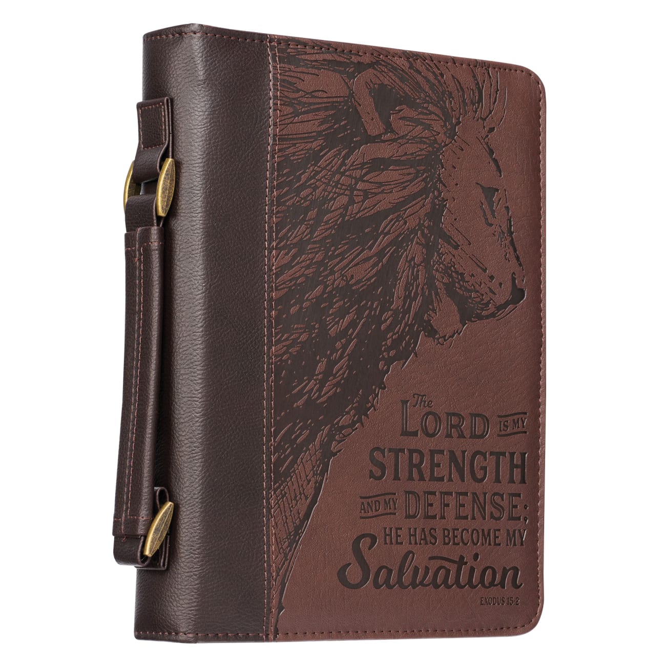 Bible Cover Large: The Lord is My Strength Brown (Exodus 15:2) Imitation Leather