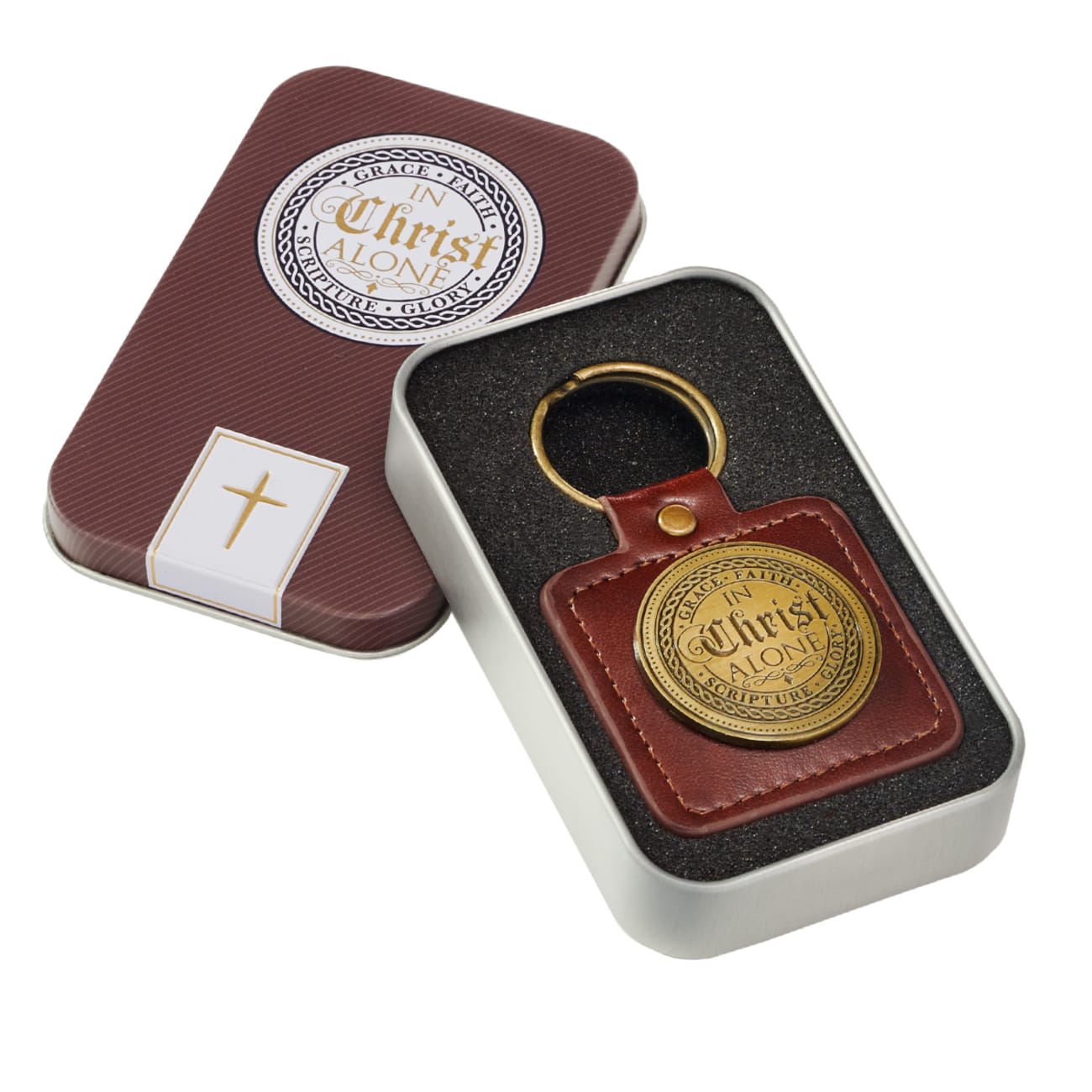 Keyring in Tin Box: In Christ Alone, Brown Jewellery