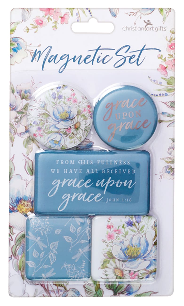 Magnetic Set of 5 Magnets: Grace Upon Grace, Blue/Floral Novelty