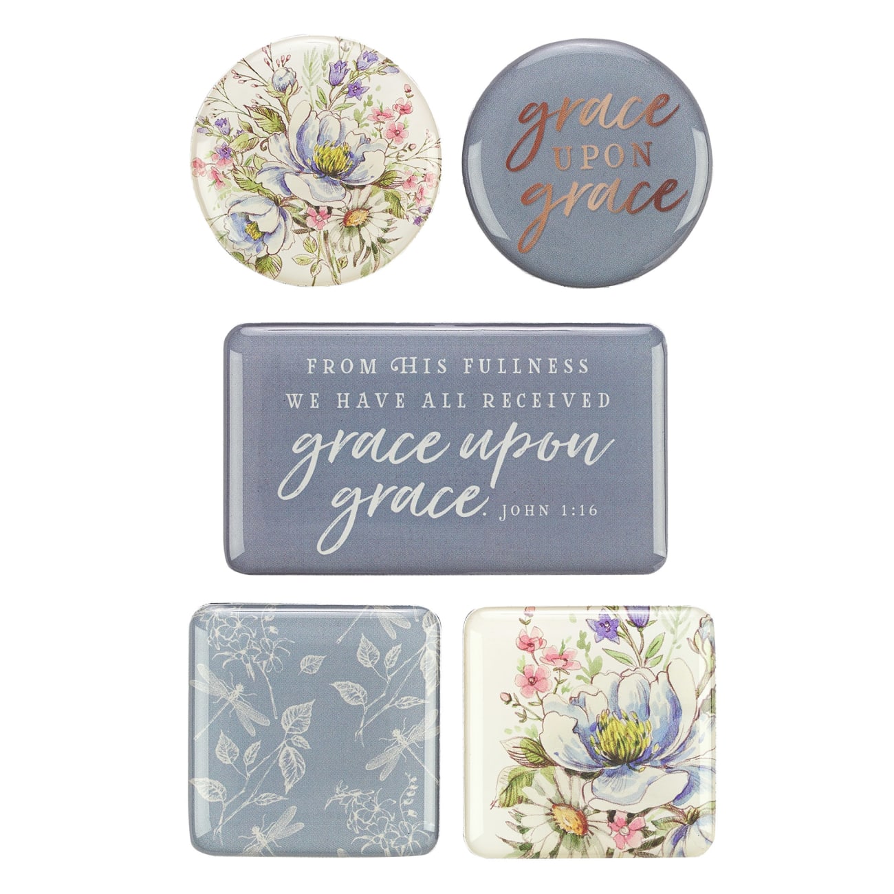 Magnetic Set of 5 Magnets: Grace Upon Grace, Blue/Floral Novelty