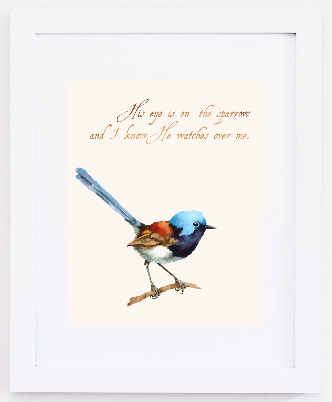 Medium Framed Print: Watercolour Bird - His Eye is on the Sparrow Plaque