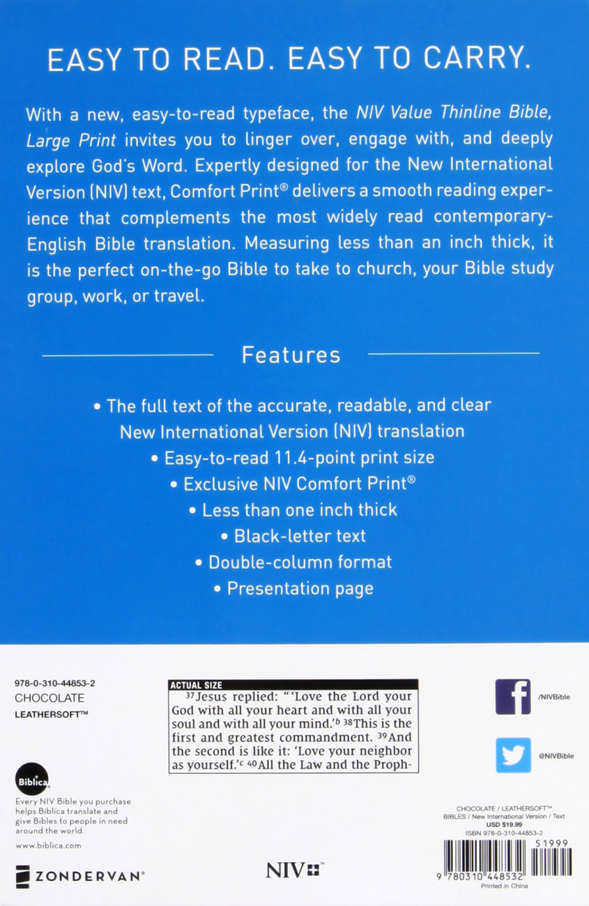 NIV Value Thinline Bible Large Print Brown (Black Letter Edition) Premium Imitation Leather