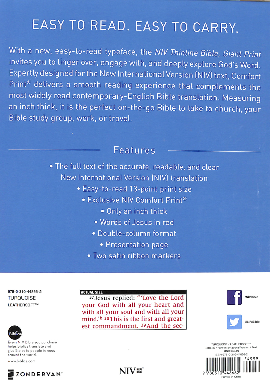 NIV Thinline Bible Giant Print Blue (Red Letter Edition) Premium Imitation Leather