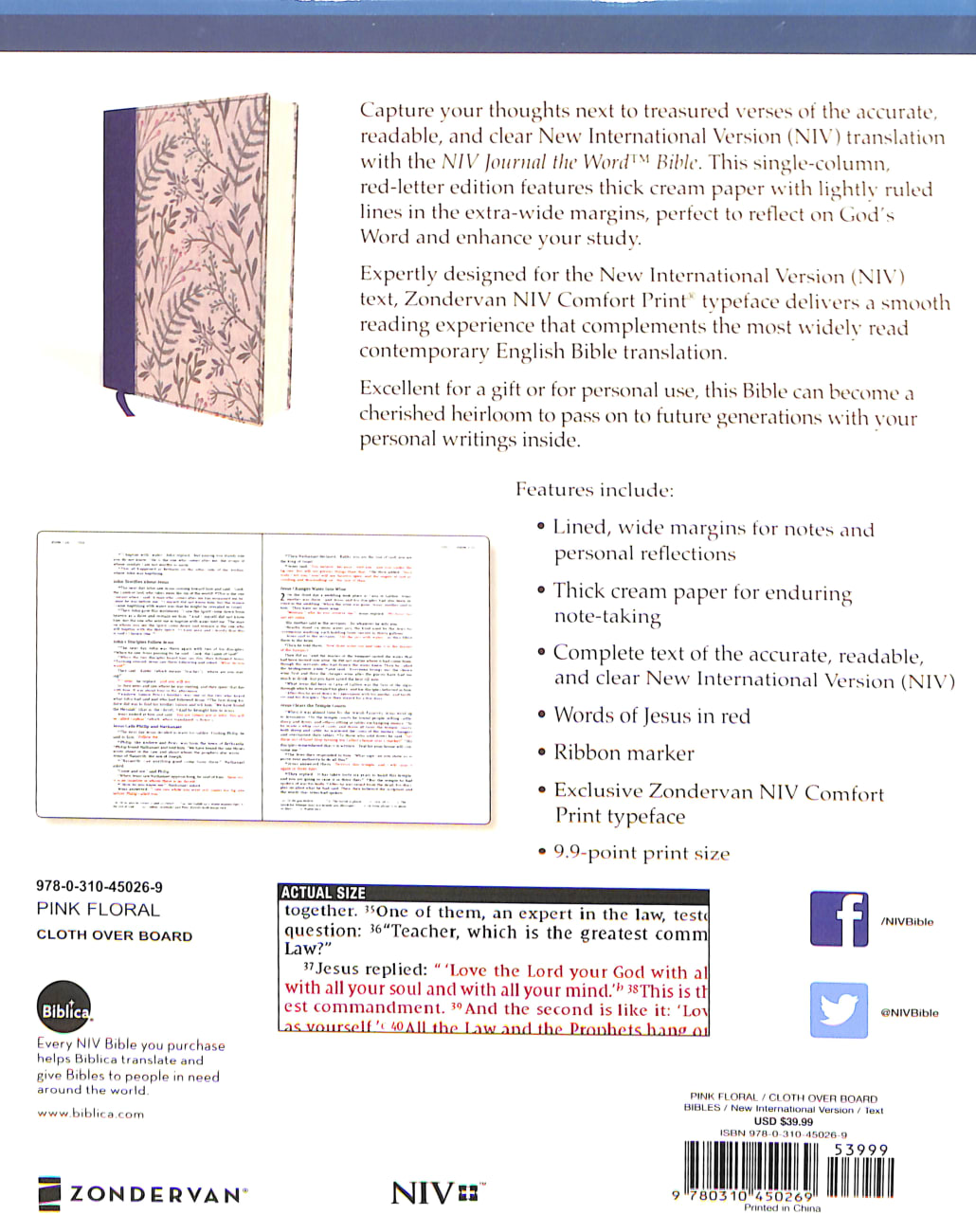 NIV Journal the Word Bible Pink Floral (Red Letter Edition) Hardback