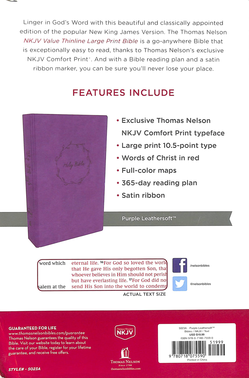 NKJV Value Thinline Bible Large Print Purple (Red Letter Edition) Premium Imitation Leather