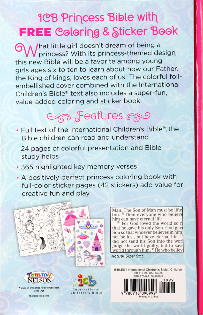 ICB Princess Bible With Coloring Sticker Book Pink (Black Letter Edition) Hardback