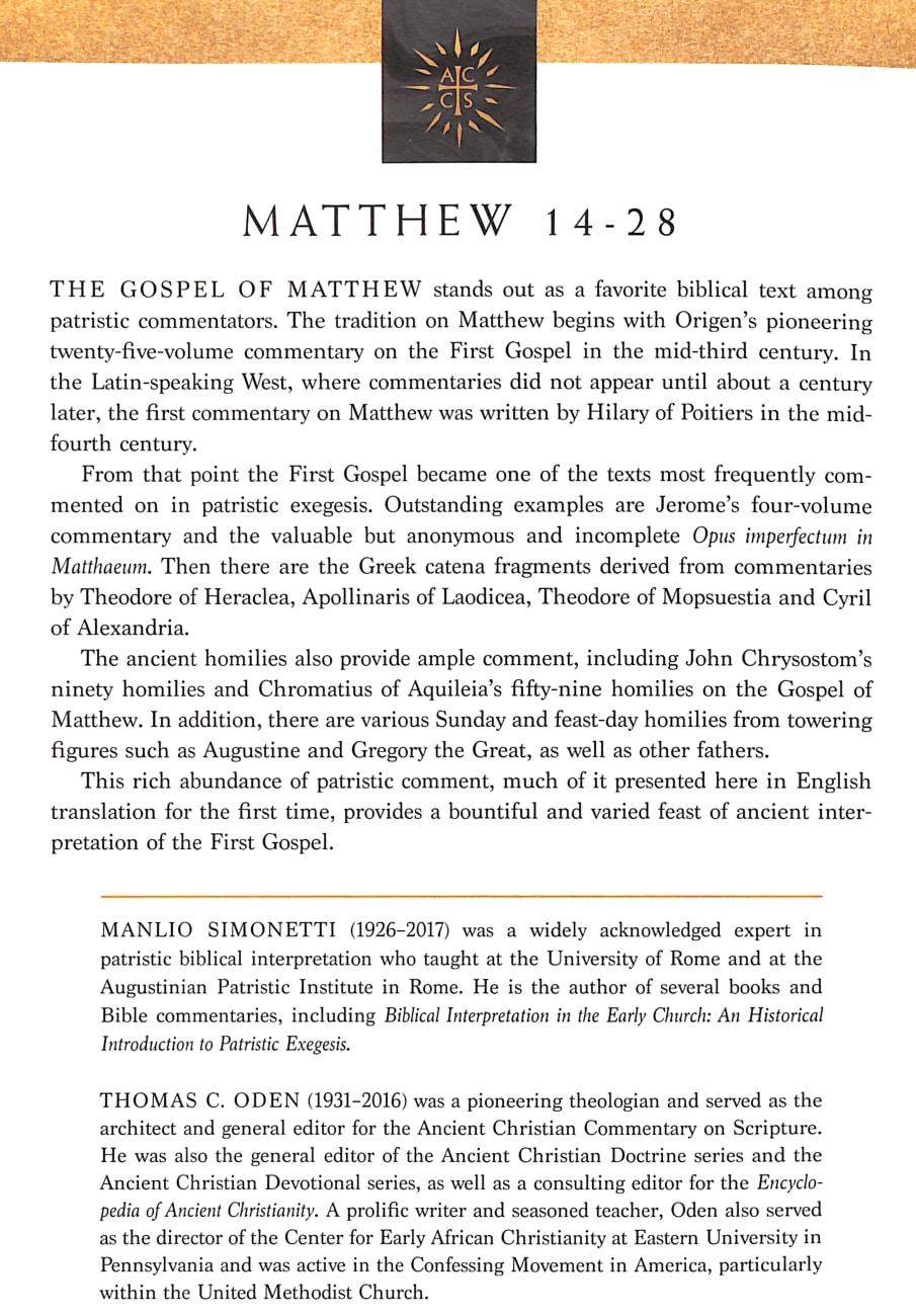 Accs NT: Matthew 14-28 (Ancient Christian Commentary On Scripture: New Testament Series) Paperback