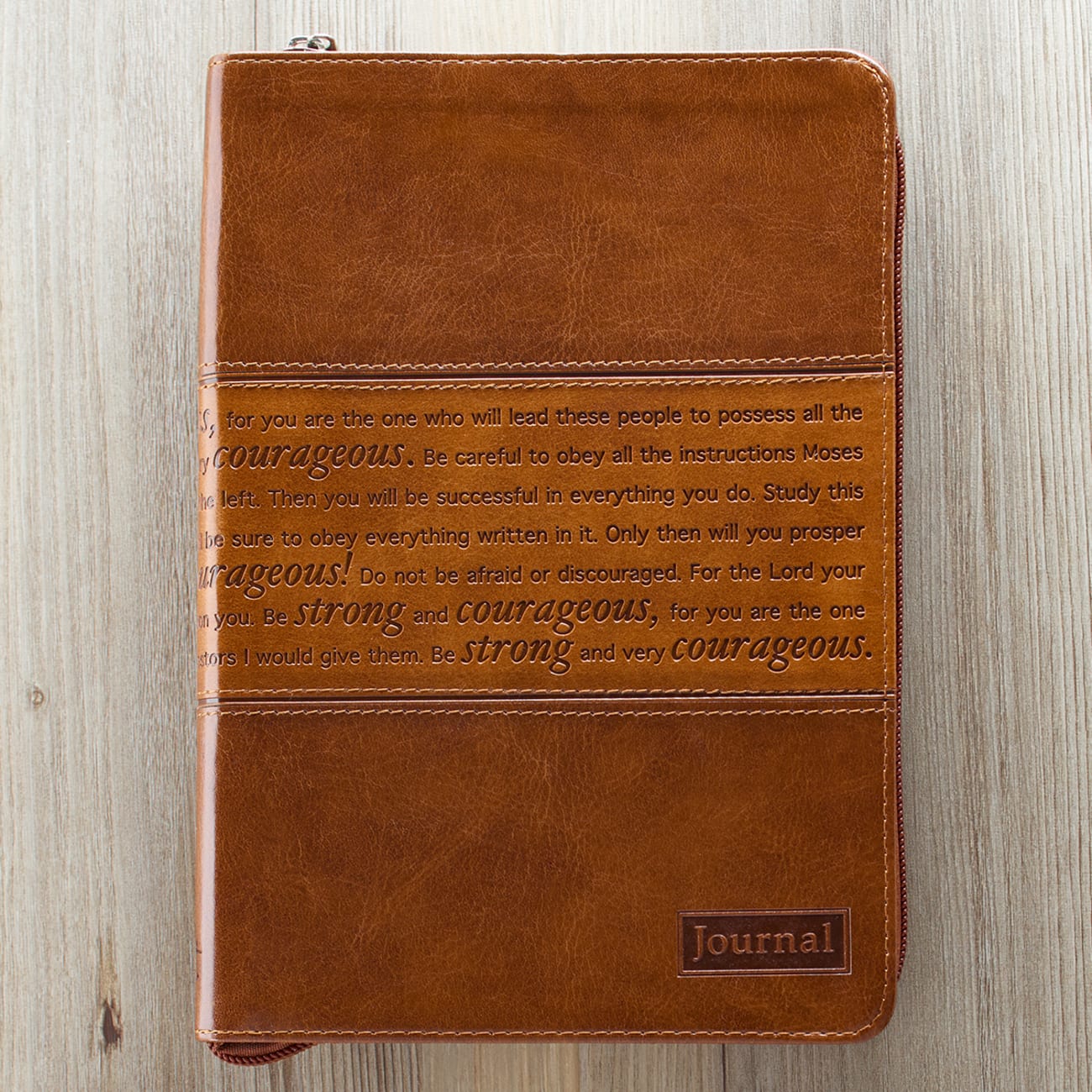 Journal With Zip Closure: Strong and Courageous, Brown Imitation Leather