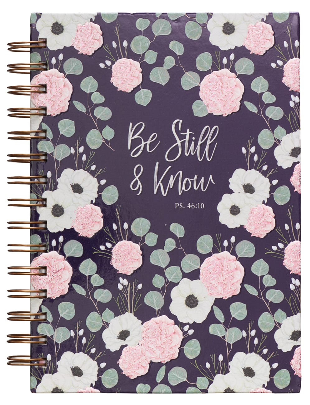 Journal: Be Still & Know, Pink/White Floral on Navy Background (Psalm 46:10) Spiral