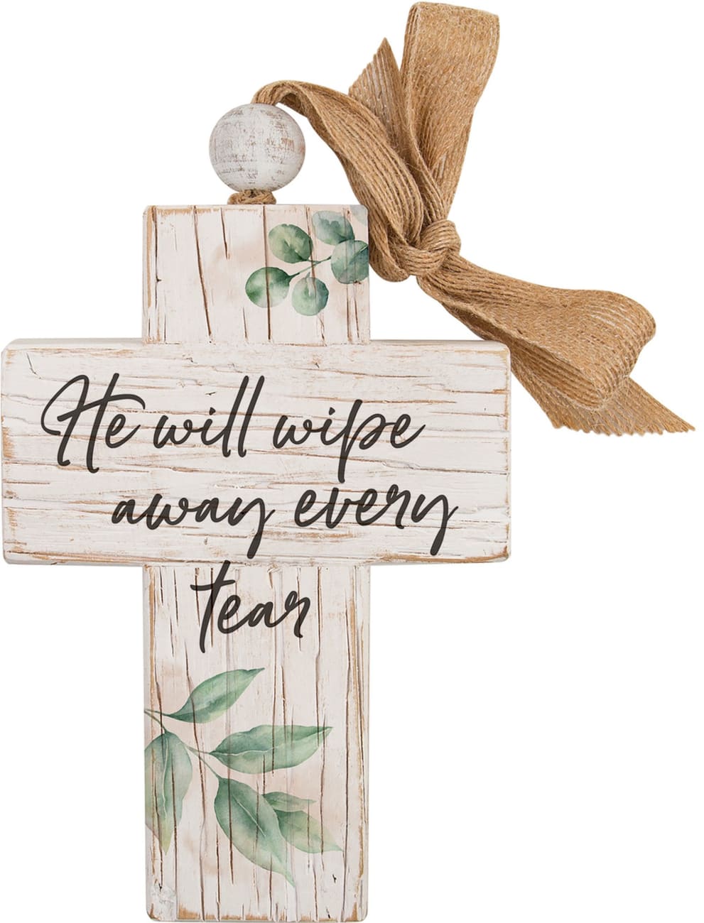 Cross: He Will Wipe Away Every Tear, Leaves, Bead and Ribbon For Hanging (Fir, Embossed Elm) Wall Art