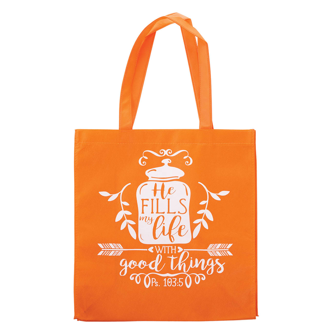 Tote Bag: He Fills My Life With Good Things, Orange/White (Psalm 103:5) Bags