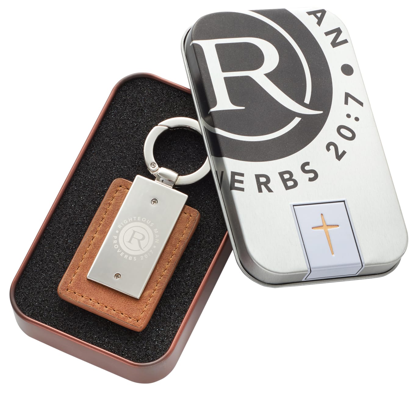 Keyring in Tin: Righteous Man, Brown/Silver (Proverbs 20:7) Jewellery