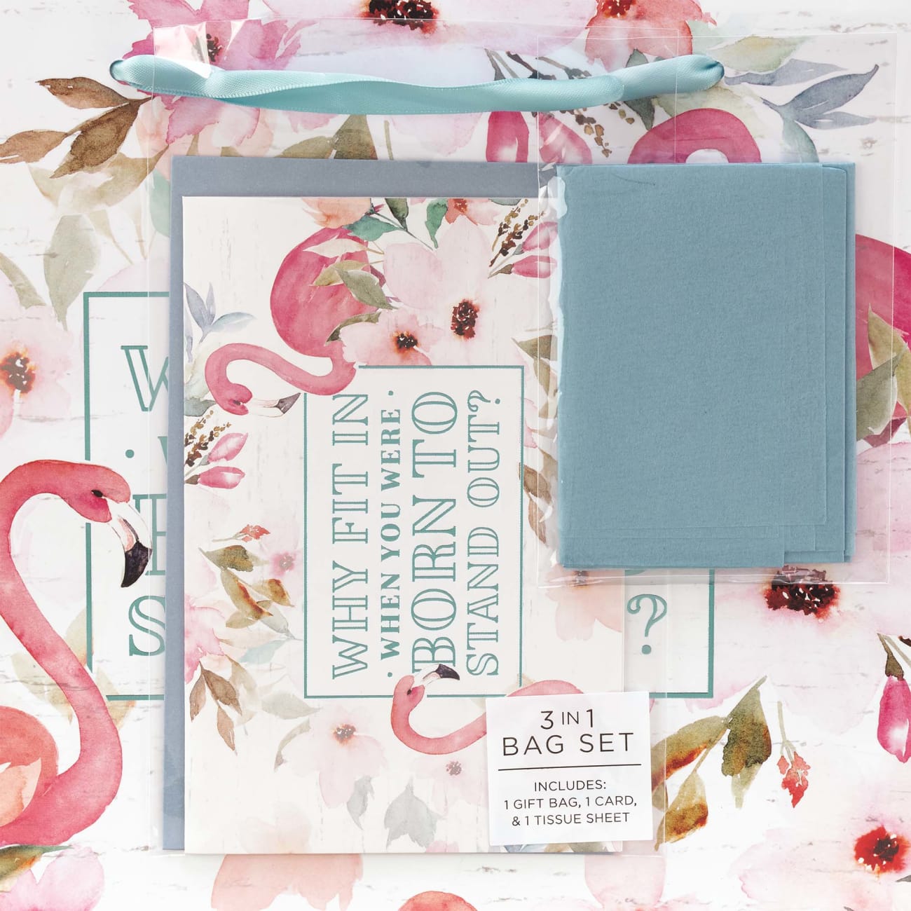 Gift Bag With Card: Why Fit In, Flamingoes, Light Blue Stationery