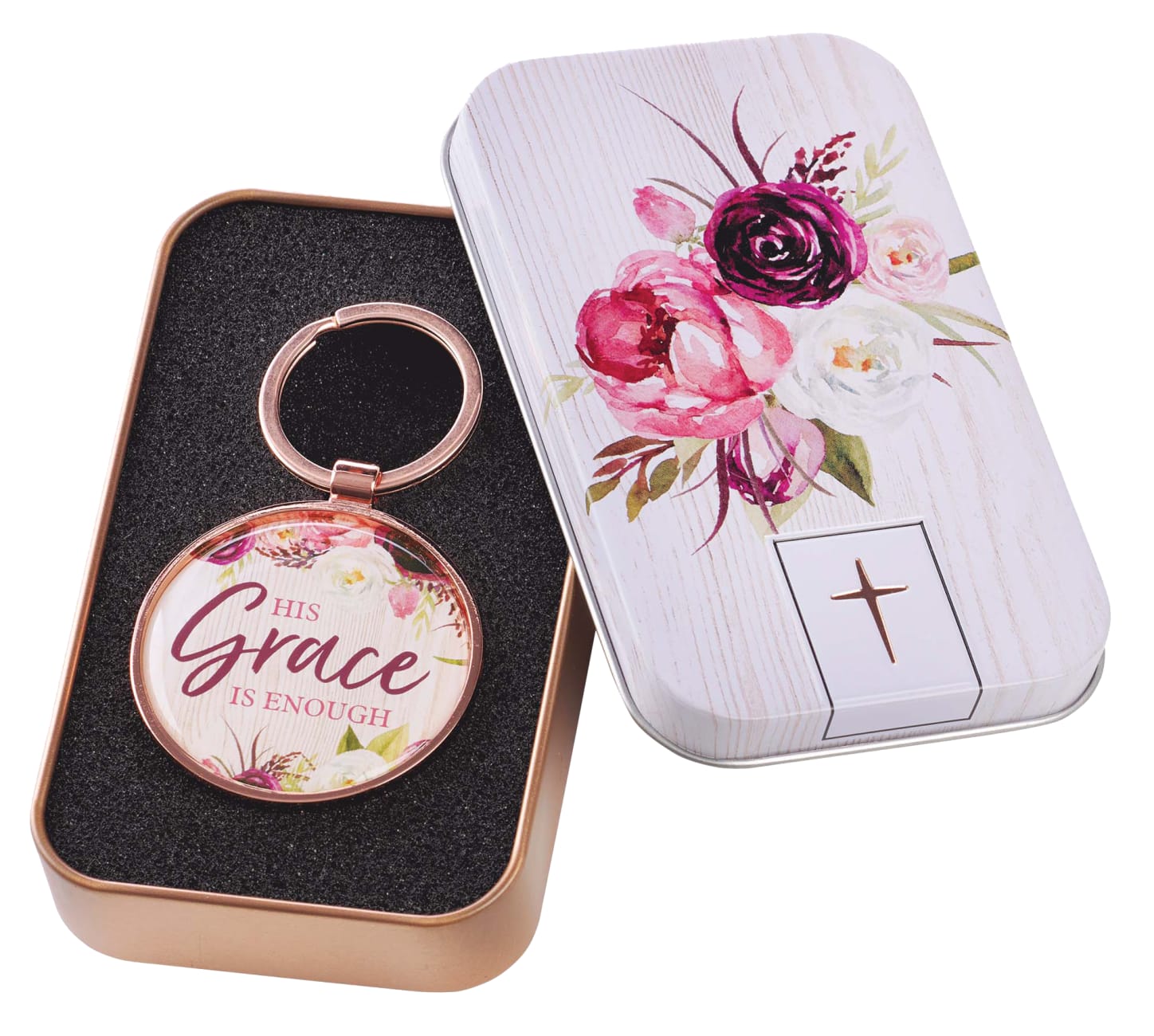 Keyring in Tin: Grace Burgundy Rose Gold (2 Cor 12:9) (His Grace Is Enough Collection) Jewellery