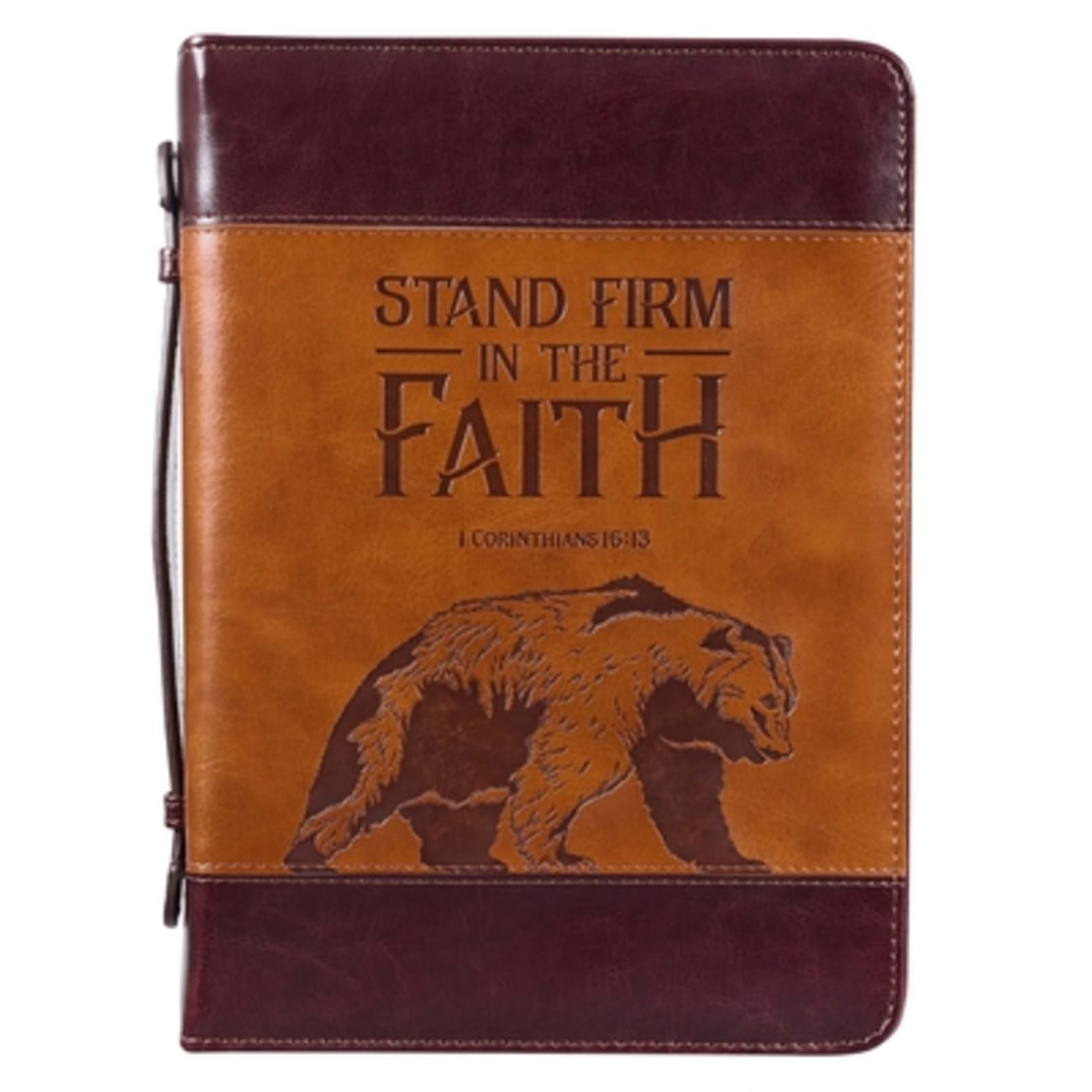 Bible Cover Medium: Stand Firm in Faith Brown/Bear (1 Cor. 16:13) Imitation Leather