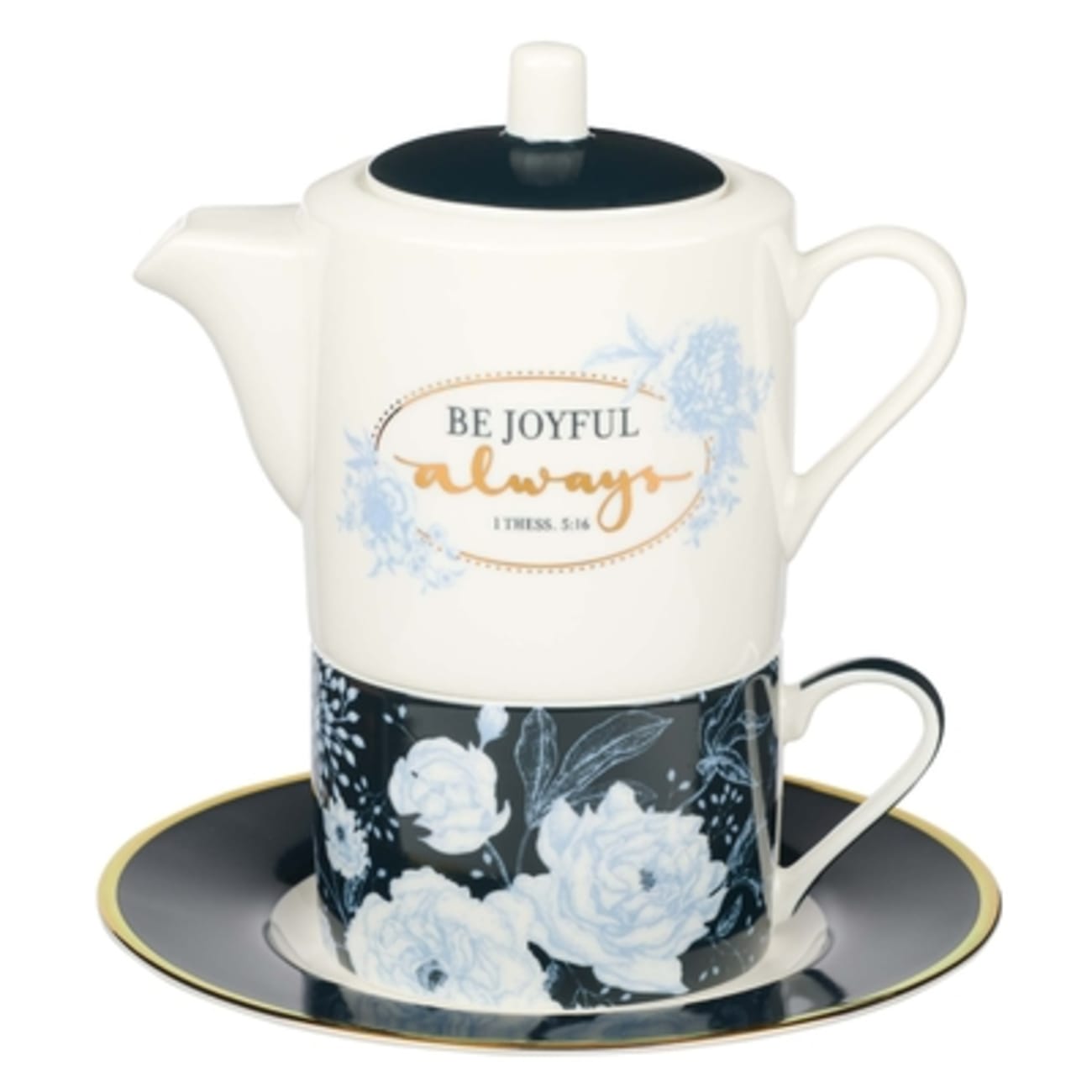 Ceramic Tea For One Set: Be Joyful Always, 1 Thess.5:16,  White/Navy (Pot 420 ml, Cup 250 ml, Saucer) Homeware
