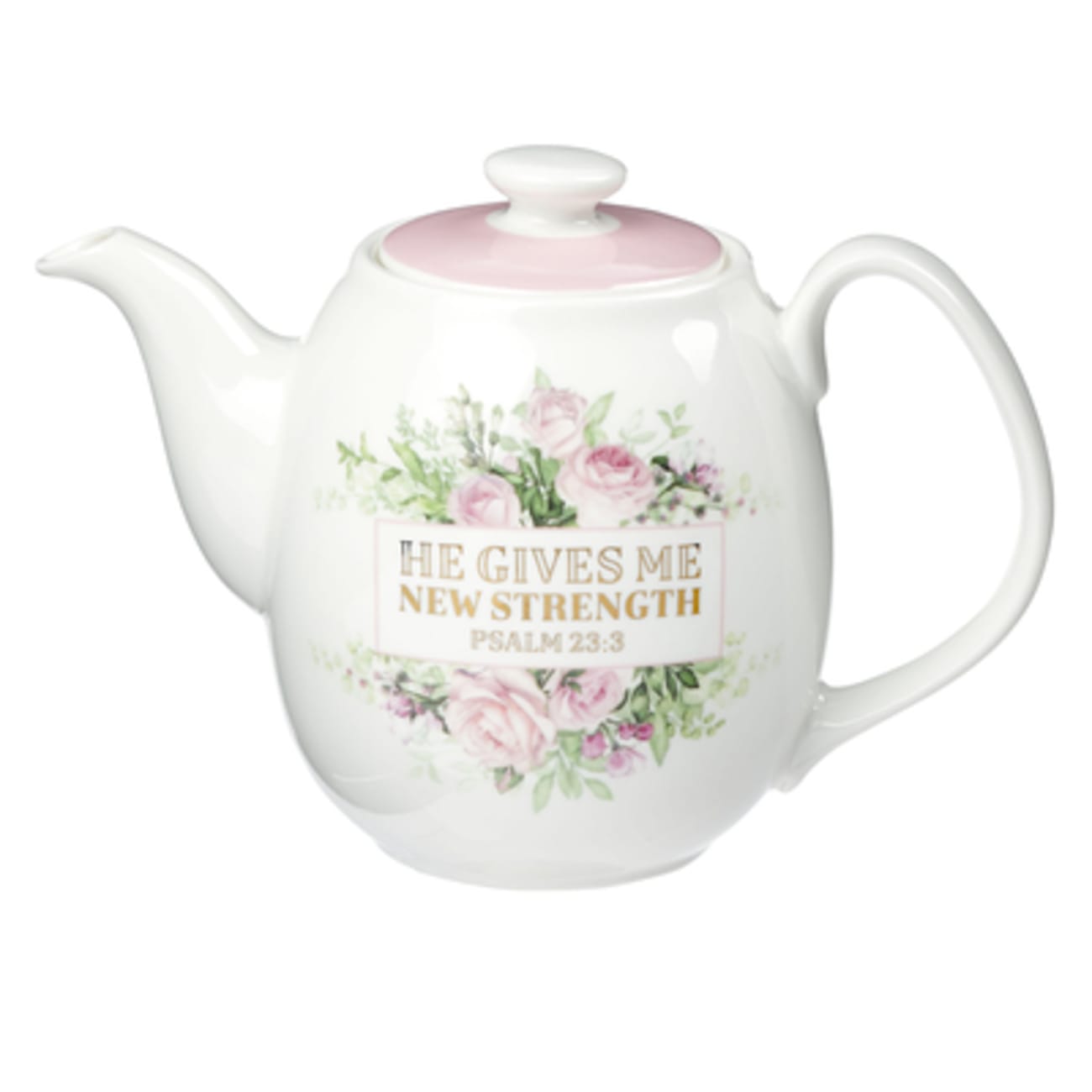 Ceramic Teapot: He Gives Me Strength (Psalm 23:3) White/Pink/Floral (946 ml) Homeware