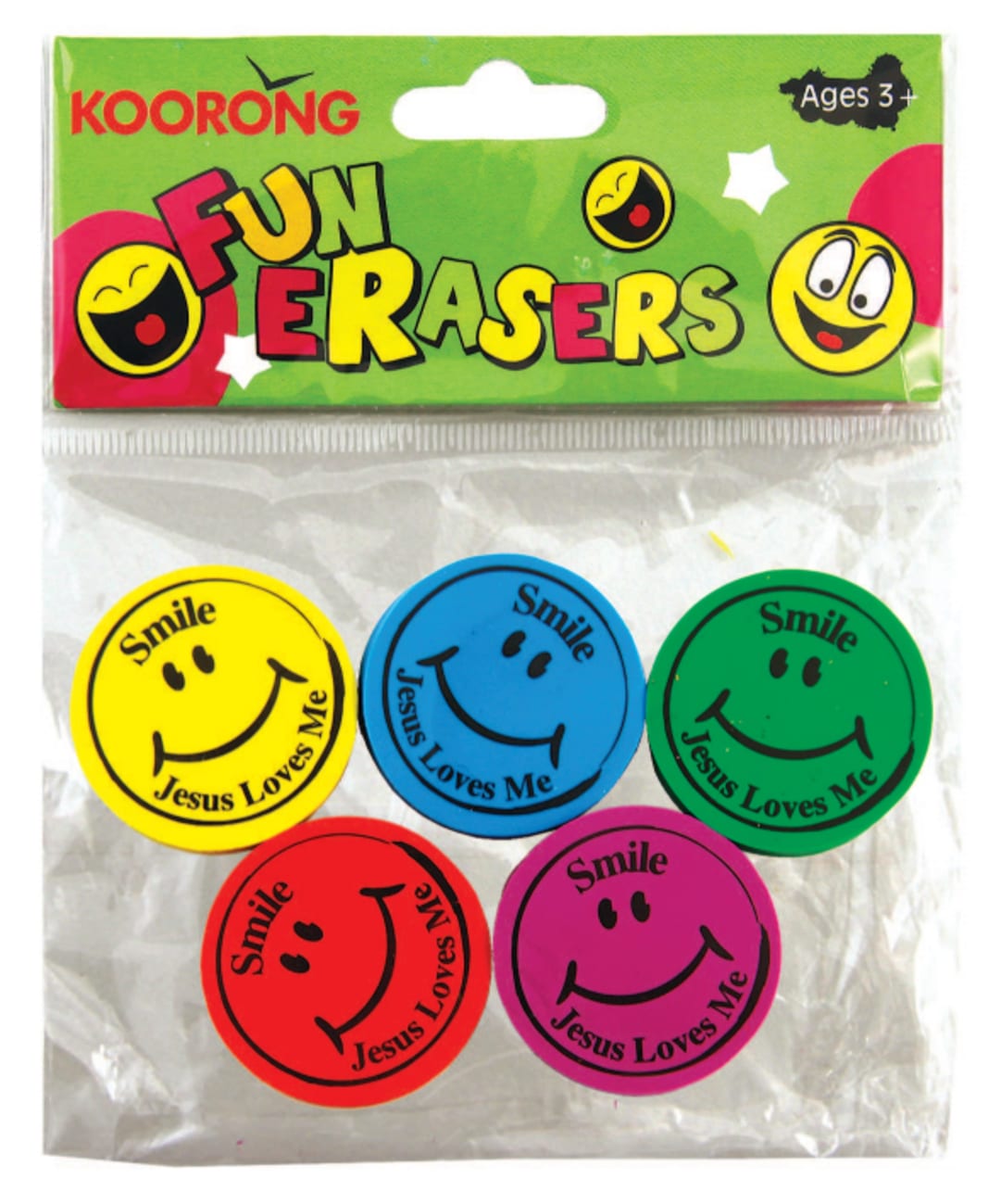Eraser Pack: 5 Round Smiley Faces, Jesus Loves Me Pens & Pencils