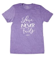 Love Never Fails, V-Neck, Medium, Heather Purple, 1 Cor 13: 8 (Grace & Truth Womens T-shirts Series)