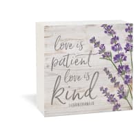 Tabetop Decor: Love is Patient Love is Kind (1 Cor 13) Purple Flowers (Pine)