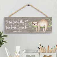 String Sign: I Am Fearfully & Wonderfully Made Pine, Sloth on Branch (Psalm 139:14)