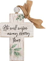 Cross: He Will Wipe Away Every Tear, Leaves, Bead and Ribbon For Hanging (Fir, Embossed Elm)