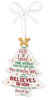 Christmas Mdf Tree Ornament: Believe, White With White Ribbon (John 3:16)