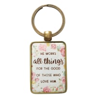 Metal Keyring in Tin: He Works All Things....Peach/Floral (Romans 8:28)
