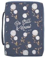 Bible Cover Poly Canvas Large: Be Still & Know, Navy/White Cotton Flowers, Carry Handle Bible Cover