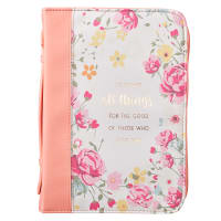 Bible Cover Trendy Medium, He Works All Things For the Good....Peach/Floral Luxleather (Romans 8: 28) Bible Cover