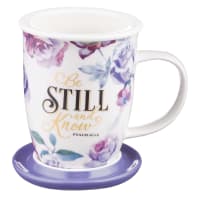 Ceramic Mug 384ml: Be Still and Know, Purple Floral (Ps 46:10) (With Lid/Coaster) (Be Still And Know Collection) Homeware