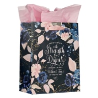 Gift Bag Medium: She is Clothed With Strength Navy/Pink (Prov 31:25) Stationery